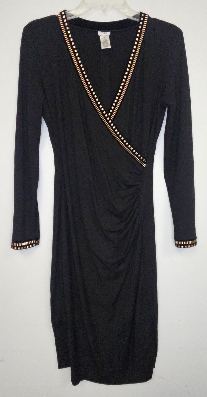 Caché Womens Black V-Neckline Long Sleeves w Gold-Tone Studs Sheath Dress-Size M